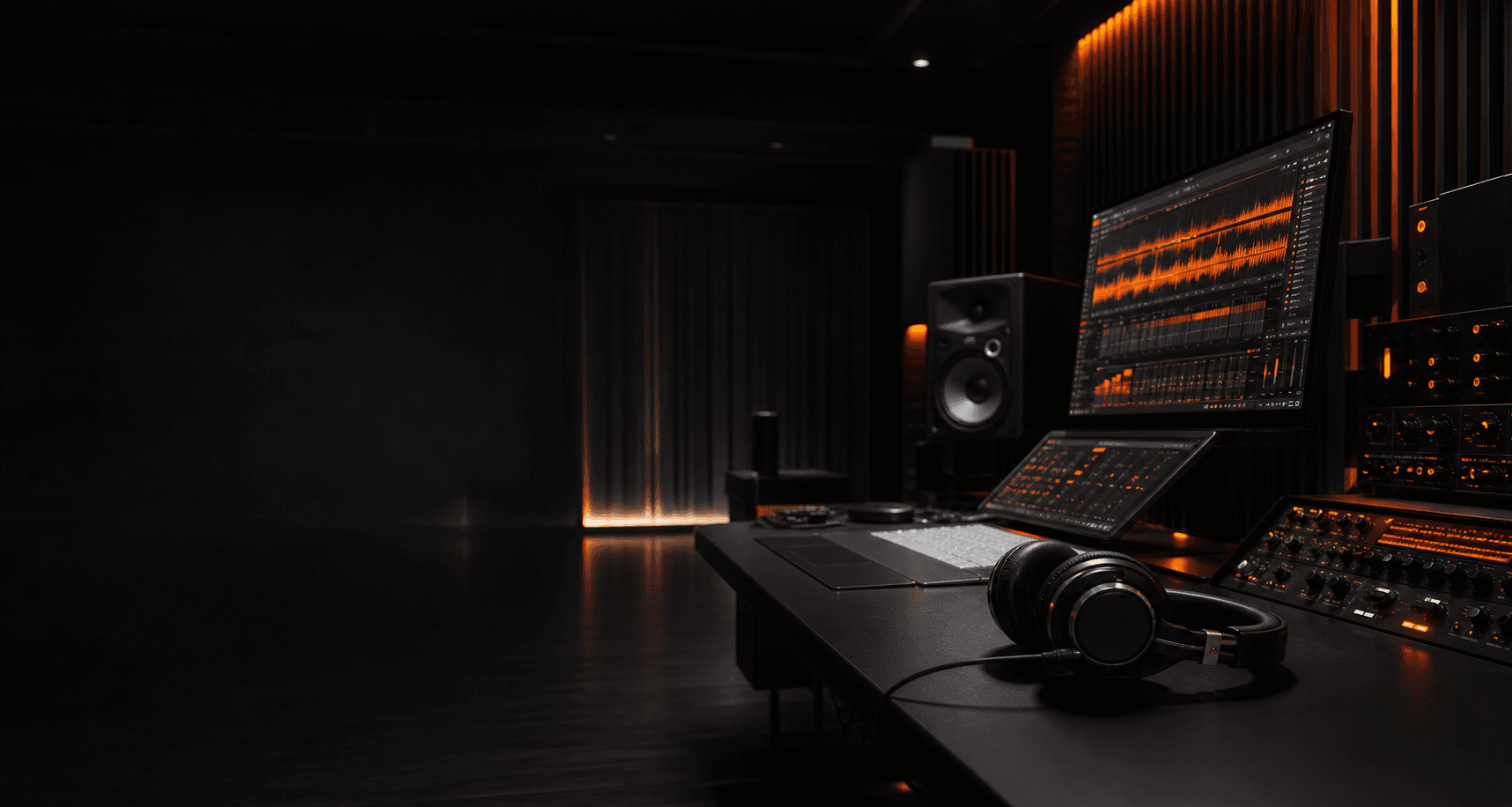 Studio de musique premium sombre avec un éclairage orange en forme d'onde